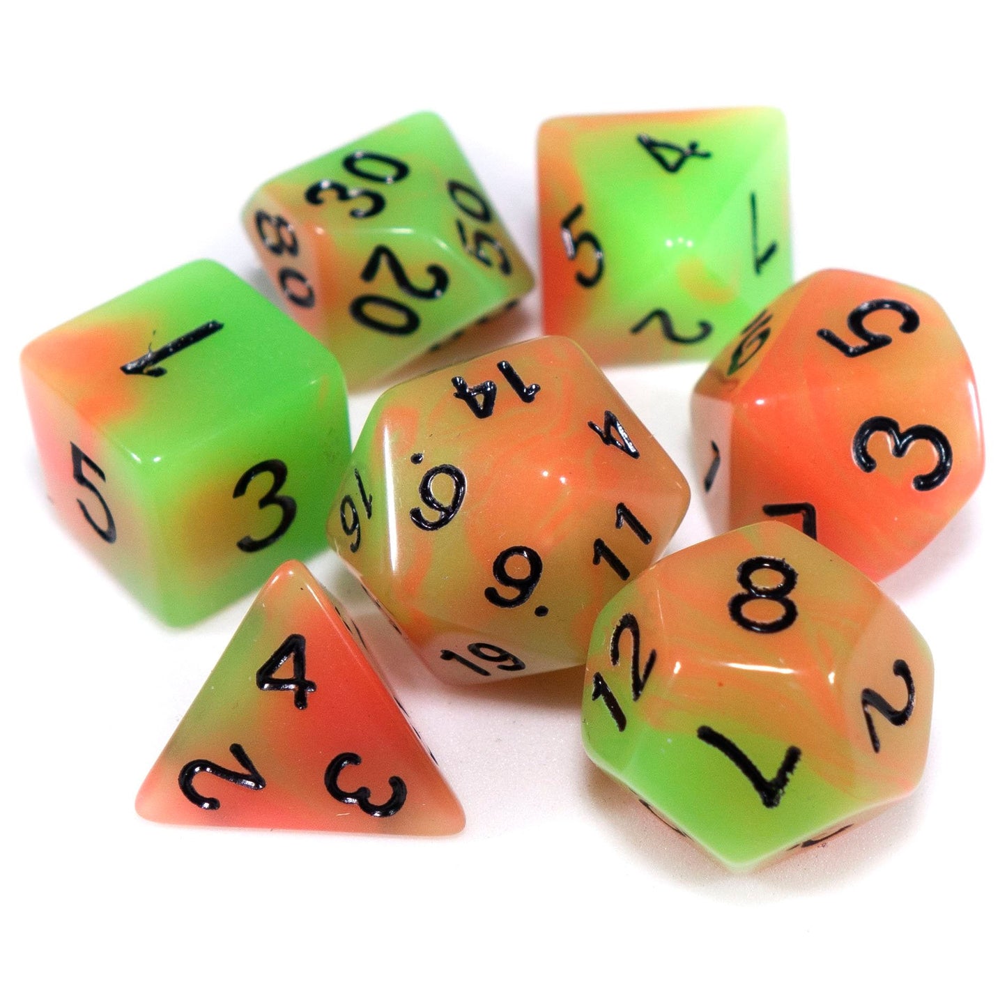 7 Dice Poly Set - Glow in the Dark - Orange/Green