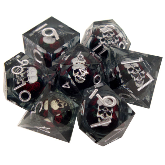 Poly Dice Set - Liquid Core - White Skull (Silver)