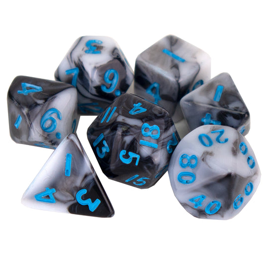 7 Dice Poly Set - MINI Marble - Black (Blue)