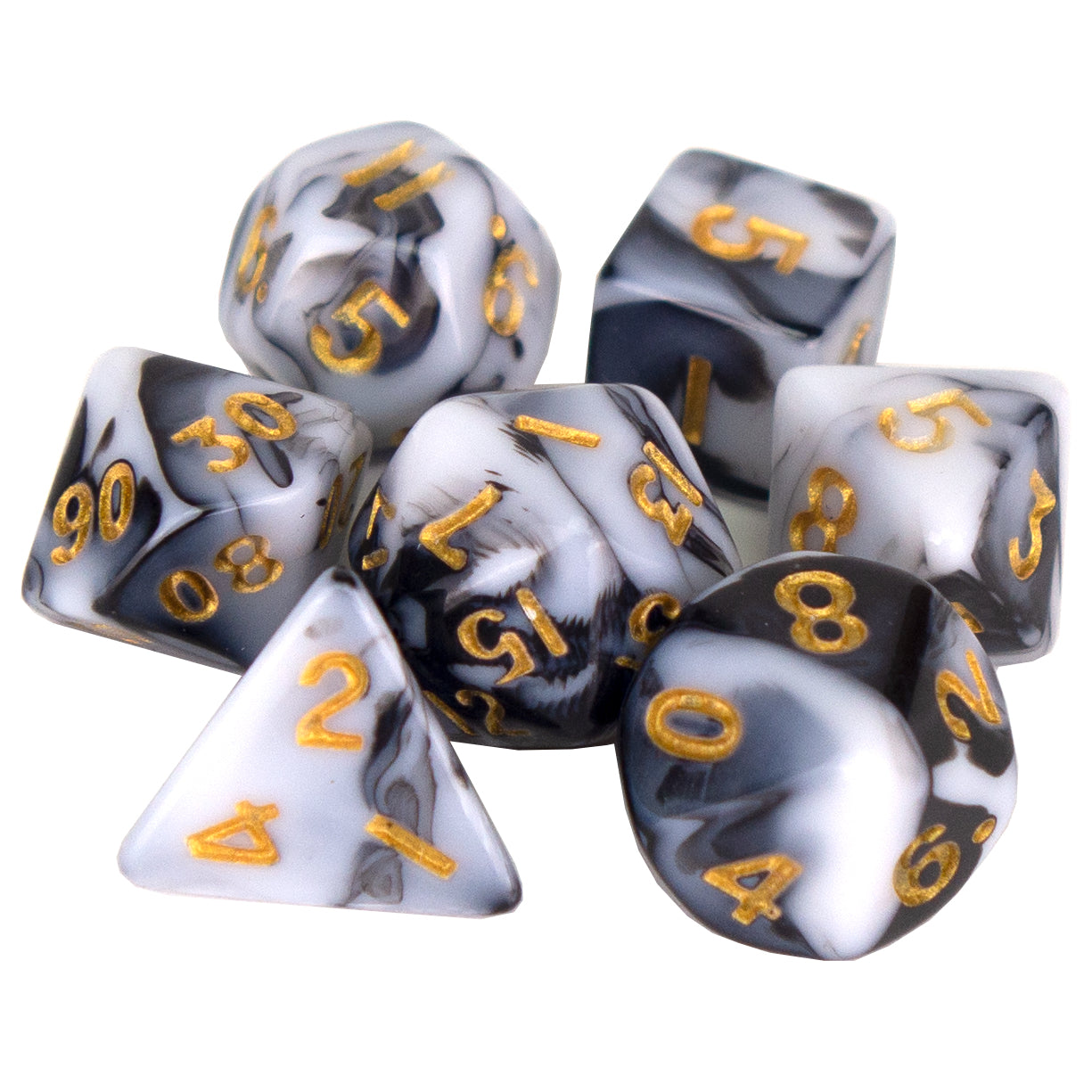 7 Dice Poly Set - MINI Marble - Black (Gold)