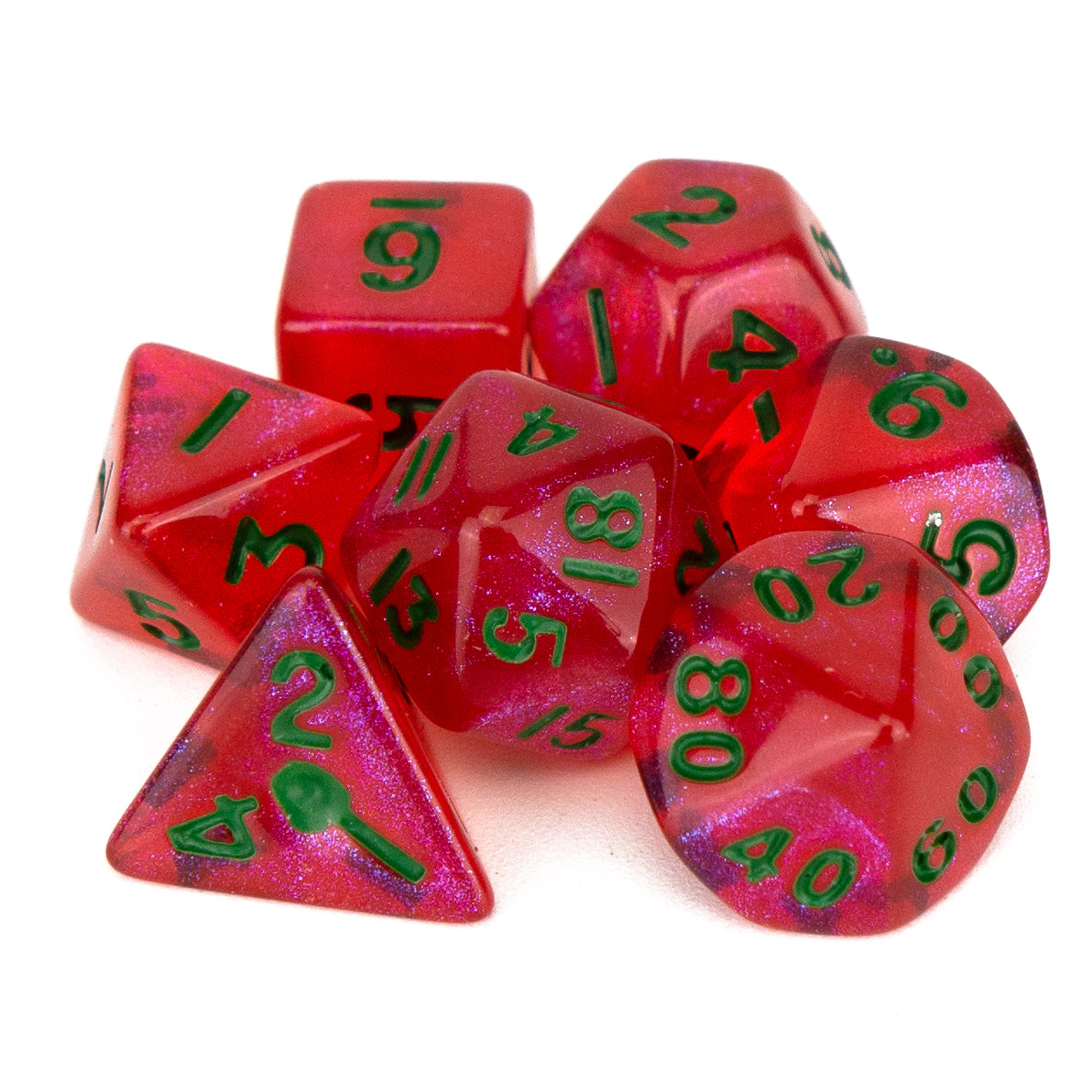 7 Dice Poly Set - MINI Shimmer - Red (Green)